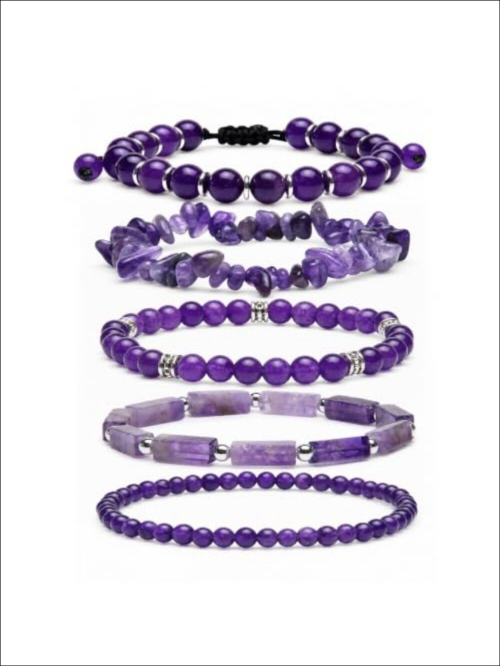 5-Piece Beaded Stackable Bracelets Set for Women, Amethyst Crystal Handmade